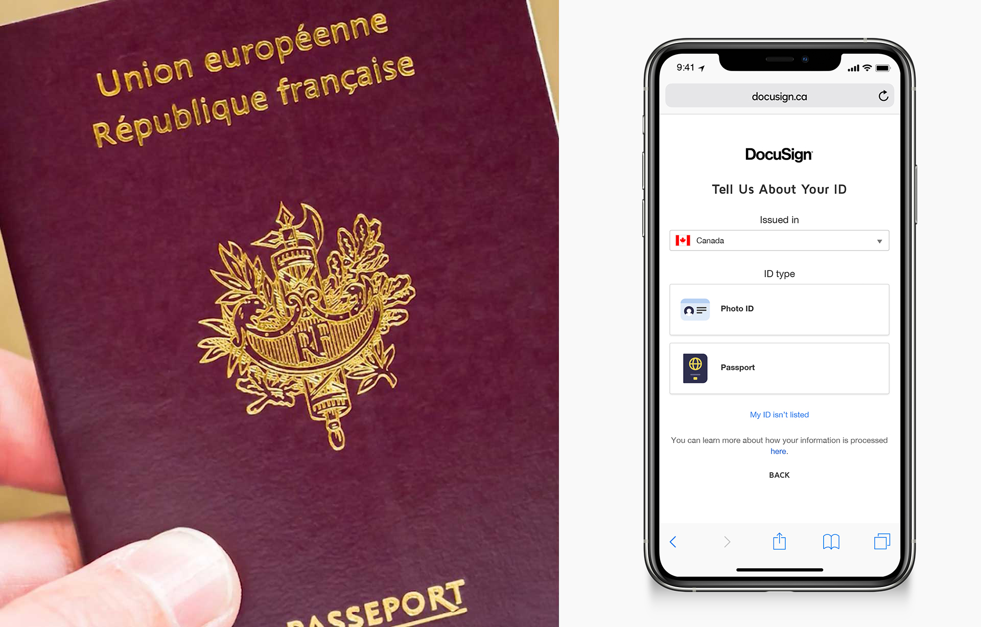 A split image showing a hand holding a passport on the left and on the right a phone prompting to "Tell us about your ID"