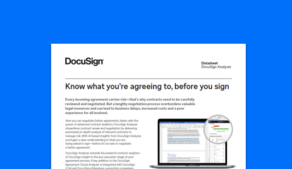 Image of DocuSign Analyzer datasheet offering a description of the key benefits and features of contract analytics.